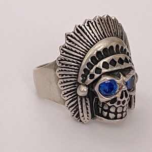 925 Silver biker chief skull ring blue cz eyes